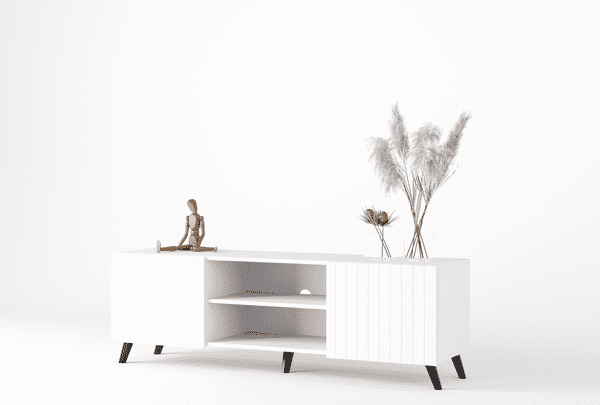 Amos Mann Furniture Atlantis matte white TV cabinet in a modern living room setting