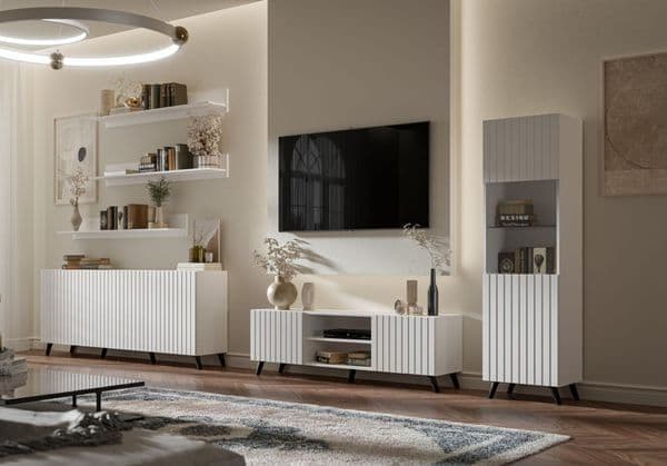 Amos Mann Furniture Atlantis matte white TV cabinet in a modern living room setting