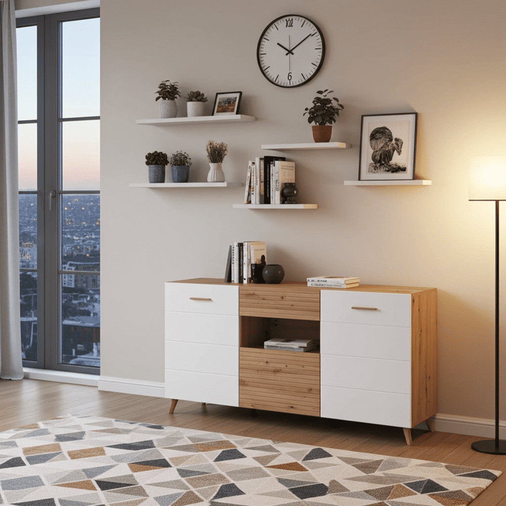 Amos Mann Furniture Bretanova artisan oak and white gloss sideboard in a modern living room setting