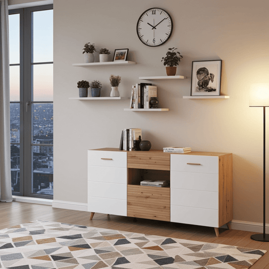 Amos Mann Furniture Bretanova artisan oak and white gloss sideboard in a modern living room setting