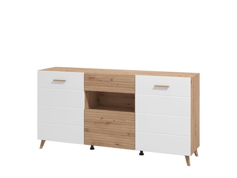 Amos Mann Furniture Bretanova artisan oak and white gloss sideboard in a modern living room setting