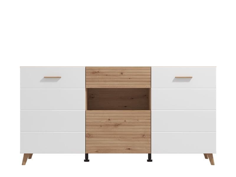 Amos Mann Furniture Bretanova artisan oak and white gloss sideboard in a modern living room setting