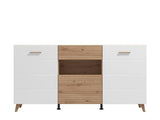 Amos Mann Furniture Bretanova artisan oak and white gloss sideboard in a modern living room setting
