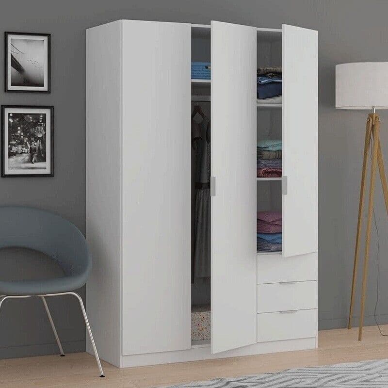 Amos Mann Furniture Cairo artic white compact 3 door 3 drawer wardrobe in a modern bedroom setting