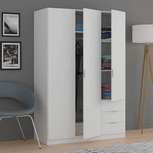 Amos Mann Furniture Cairo artic white compact 3 door 3 drawer wardrobe in a modern bedroom setting