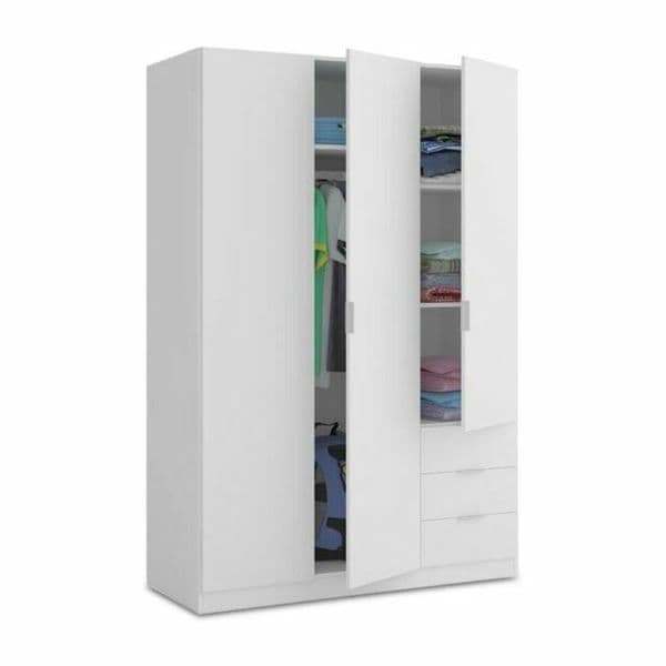Amos Mann Furniture Cairo artic white compact 3 door 3 drawer wardrobe in a modern bedroom setting