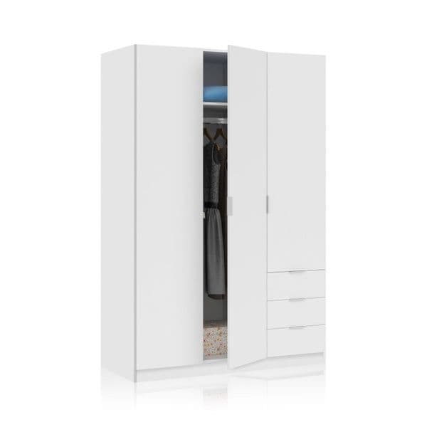 Amos Mann Furniture Cairo artic white compact 3 door 3 drawer wardrobe in a modern bedroom setting