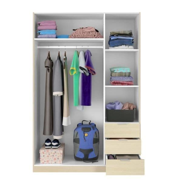 Amos Mann Furniture Cairo oak effect compact 3 door 3 drawer wardrobe in a modern bedroom setting