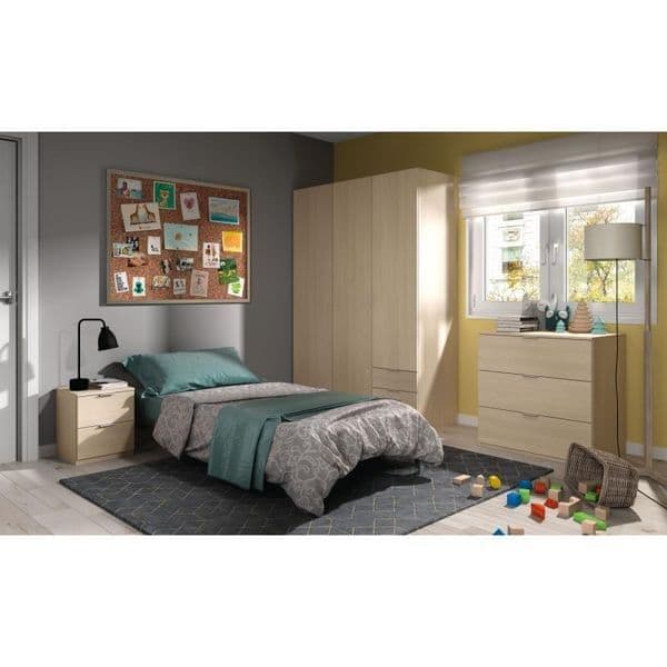 Amos Mann Furniture Cairo oak effect compact 3 door 3 drawer wardrobe in a modern bedroom setting