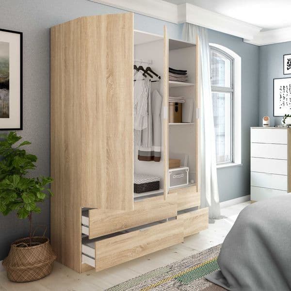 Amos Mann Furniture Cairo oak effect compact 3 door 4 drawer wardrobe in a modern bedroom setting