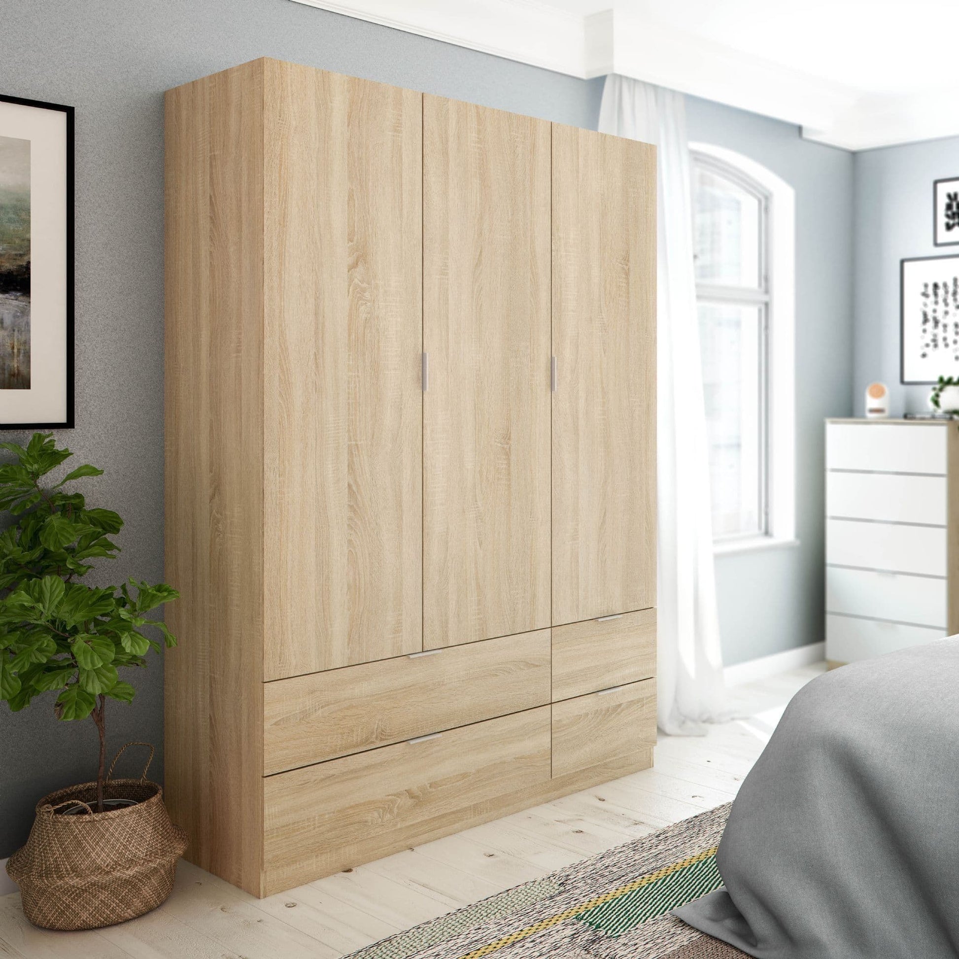 Amos Mann Furniture Cairo oak effect compact 3 door 4 drawer wardrobe in a modern bedroom setting