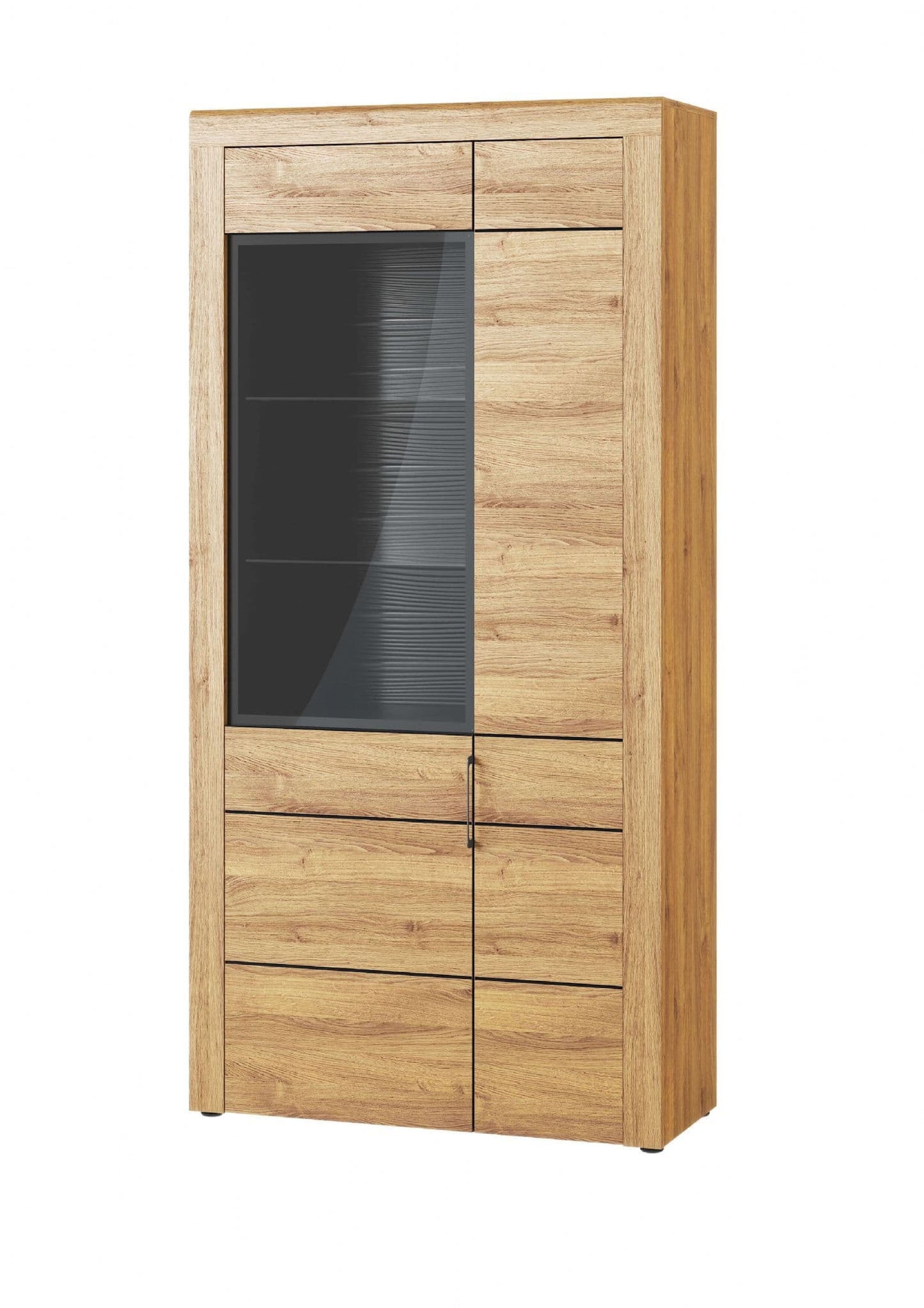 Amos Mann Furniture Camar oak effect large 2 door display cabinet with LED lights in a modern living room setting