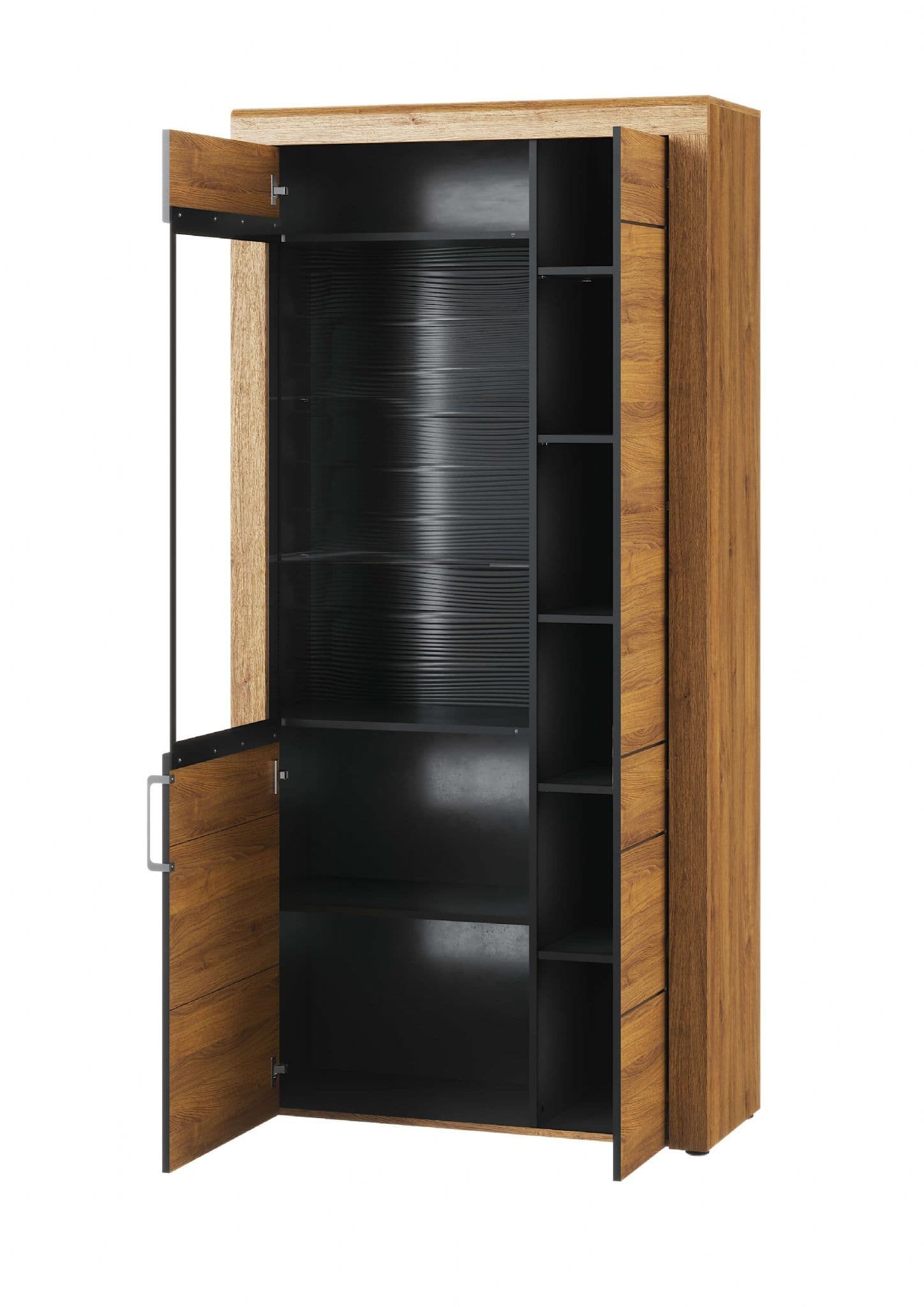 Amos Mann Furniture Camar oak effect large 2 door display cabinet with LED lights in a modern living room setting