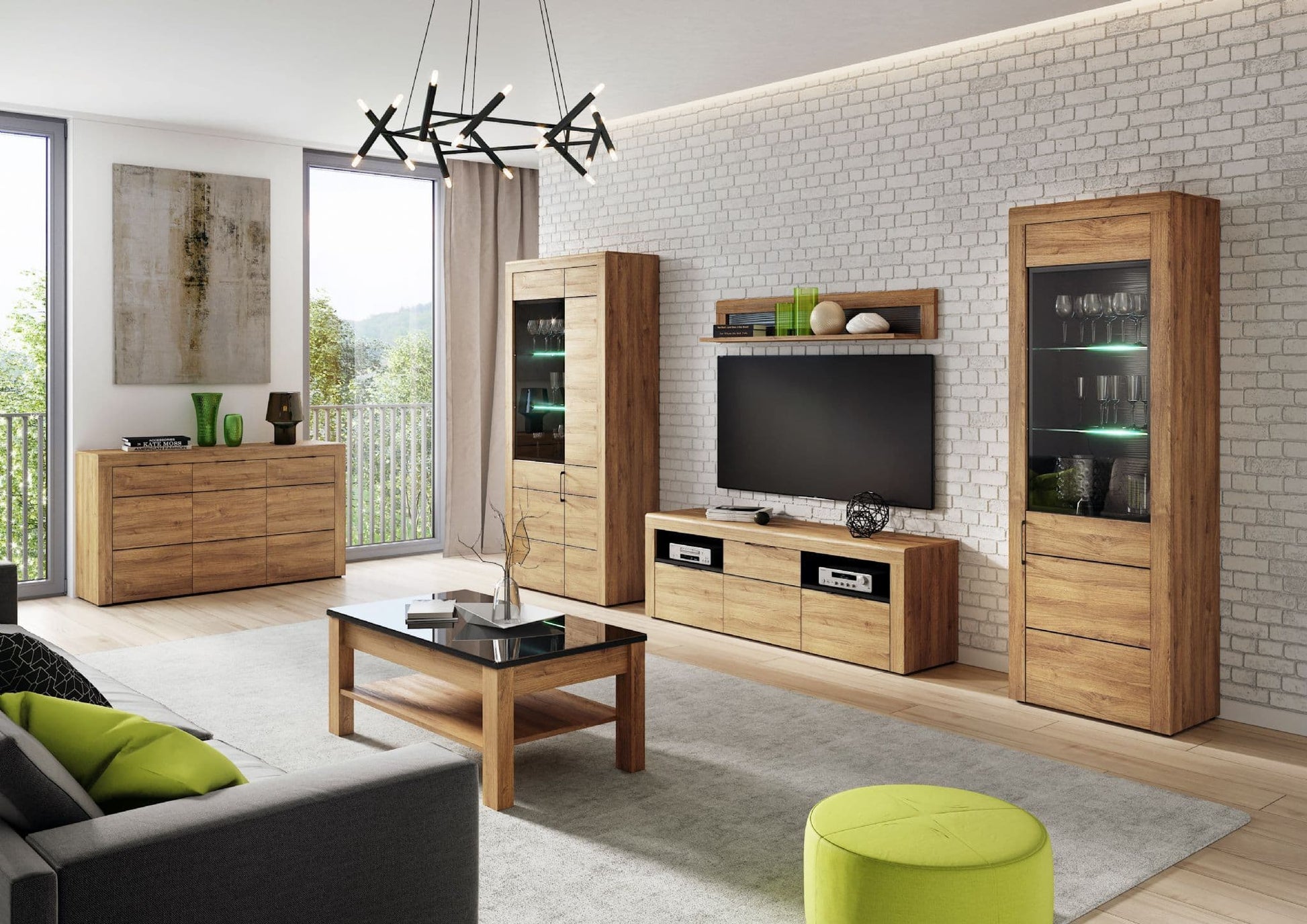 Amos Mann Furniture Camar oak effect large 2 door display cabinet with LED lights in a modern living room setting