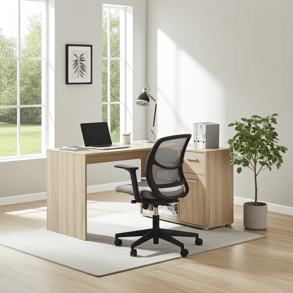 Amos Mann Furniture Carin oak corner flexi desk in a modern home office setting