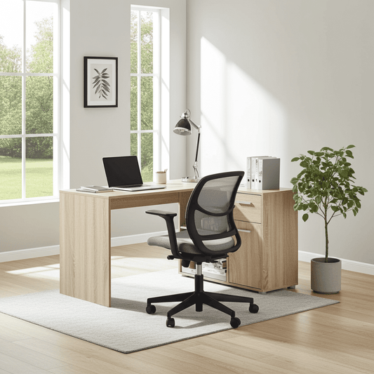 Amos Mann Furniture Carin oak corner flexi desk in a modern home office setting