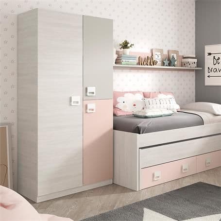 Amos Mann Furniture Carlos grey and pink 3 door slim narrow wardrobe in a modern bedroom setting