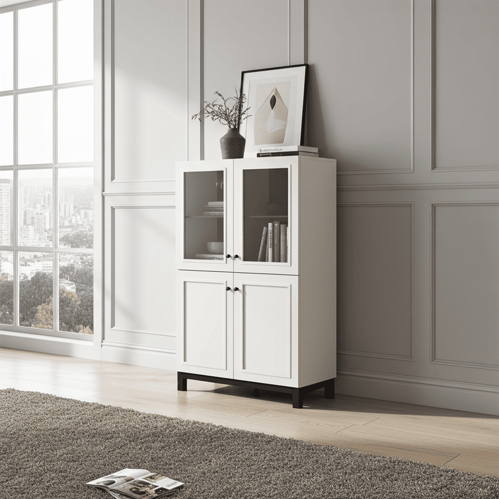 Amos Mann Furniture Cassio cashmere taupe low display cabinet in a modern living room setting