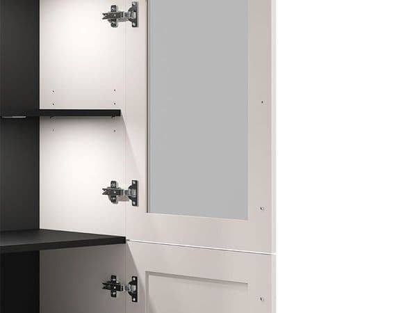 Amos Mann Furniture Cassio cashmere taupe low display cabinet in a modern living room setting