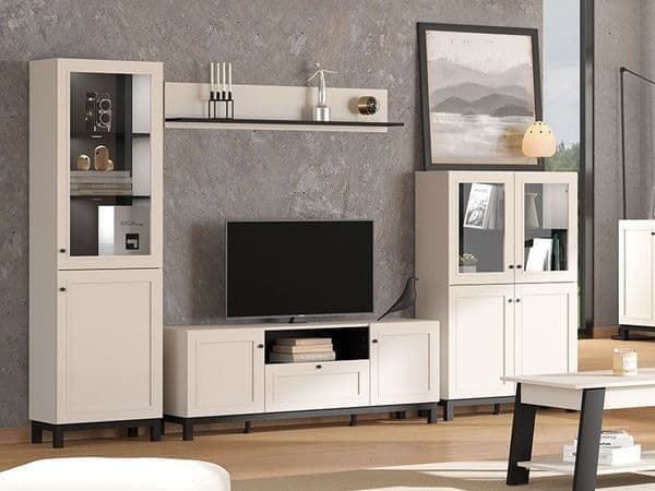 Amos Mann Furniture Cassio cashmere taupe low display cabinet in a modern living room setting