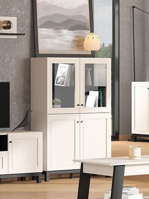 Amos Mann Furniture Cassio cashmere taupe low display cabinet in a modern living room setting