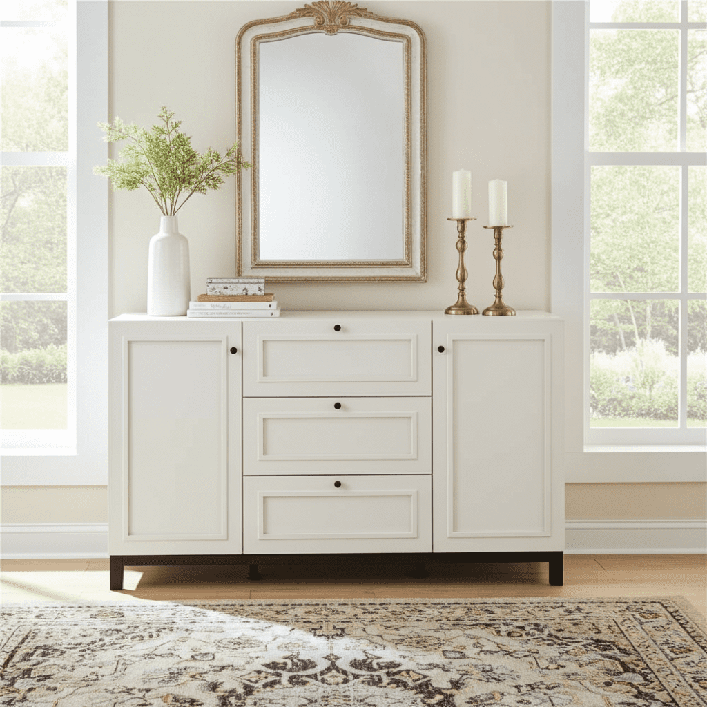 Amos Mann Furniture Cassio cashmere taupe panelled sideboard in a modern living room setting