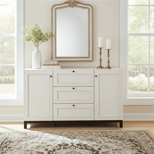 Amos Mann Furniture Cassio cashmere taupe panelled sideboard in a modern living room setting