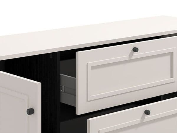 Amos Mann Furniture Cassio cashmere taupe panelled sideboard in a modern living room setting