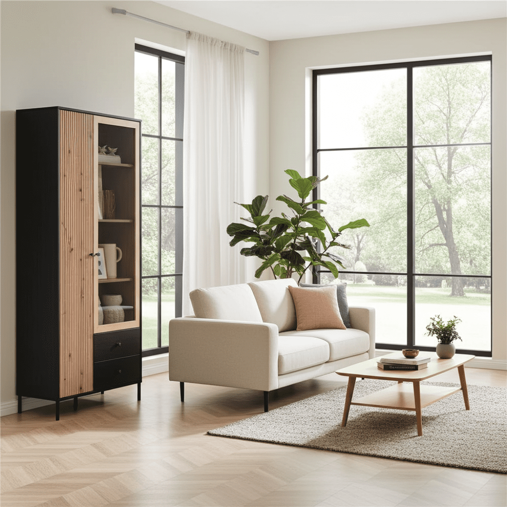 Amos Mann Furniture Clifton slatted oak and black tall display cabinet in a modern living room setting