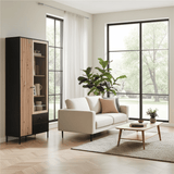 Amos Mann Furniture Clifton slatted oak and black tall display cabinet in a modern living room setting