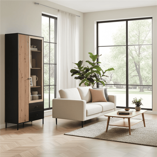 Amos Mann Furniture Clifton slatted oak and black tall display cabinet in a modern living room setting