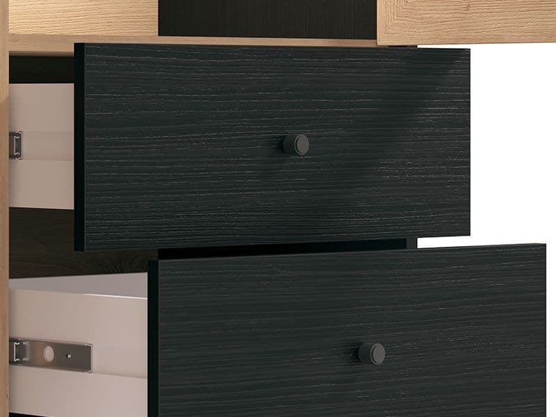 Clifton Slatted Oak & Black Display Cabinet – 2 Doors, 2 Drawers & 8 Shelves | Amos Mann Furniture