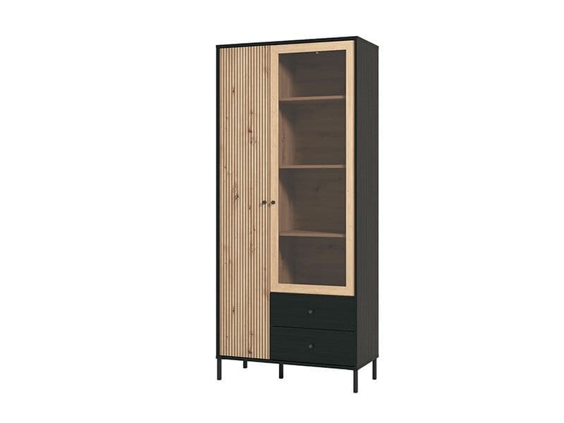 Amos Mann Furniture Clifton slatted oak and black tall display cabinet in a modern living room setting