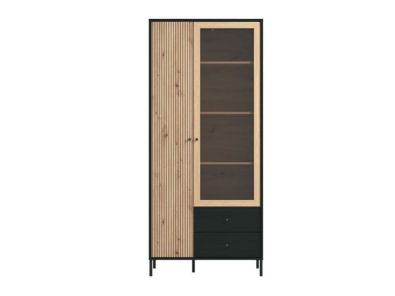 Amos Mann Furniture Clifton slatted oak and black tall display cabinet in a modern living room setting