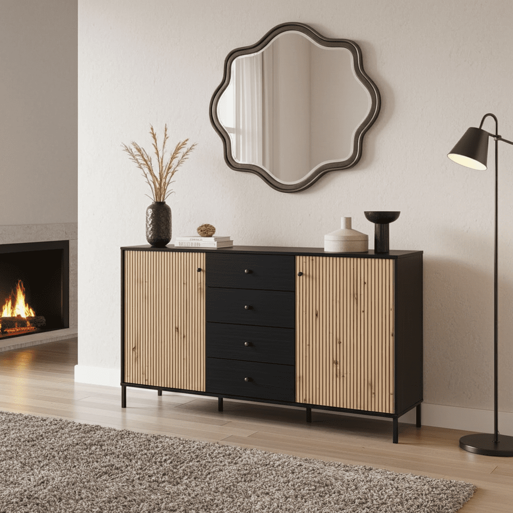 Amos Mann Furniture Clifton oak and black sideboard in a contemporary dining room with natural lighting