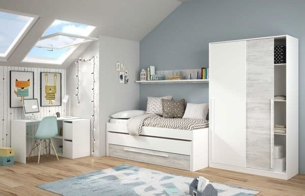 Amos Mann Furniture Columbus white and white oak effect sliding wardrobe in a modern bedroom setting