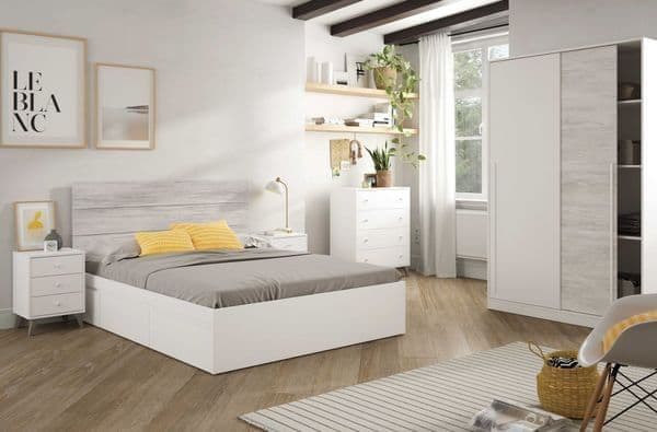 Amos Mann Furniture Columbus white and white oak effect sliding wardrobe in a modern bedroom setting
