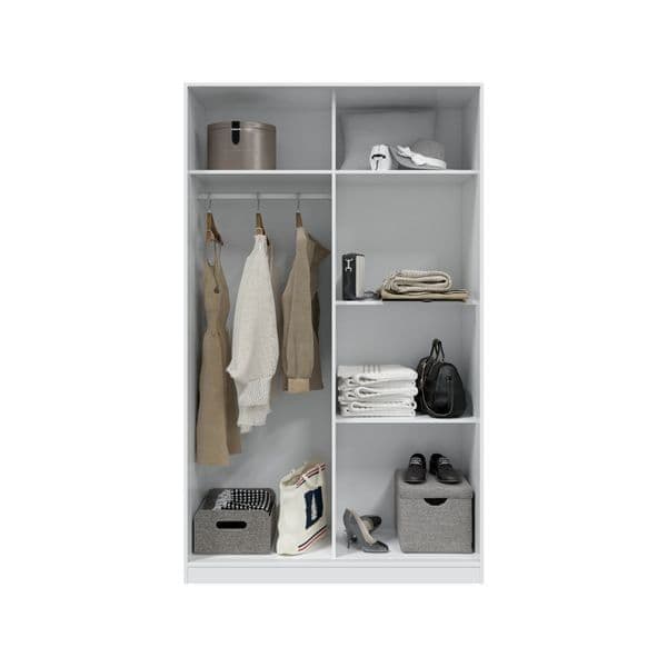 Amos Mann Furniture Columbus white and white oak effect sliding wardrobe in a modern bedroom setting