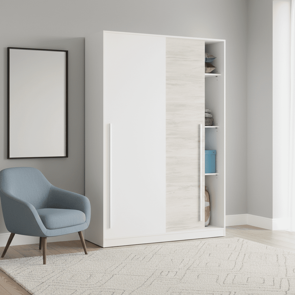 Amos Mann Furniture Columbus white and white oak effect sliding wardrobe in a modern bedroom setting