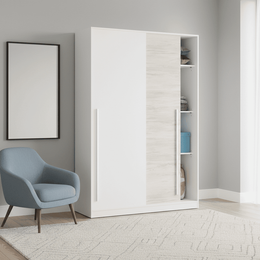 Amos Mann Furniture Columbus white and white oak effect sliding wardrobe in a modern bedroom setting