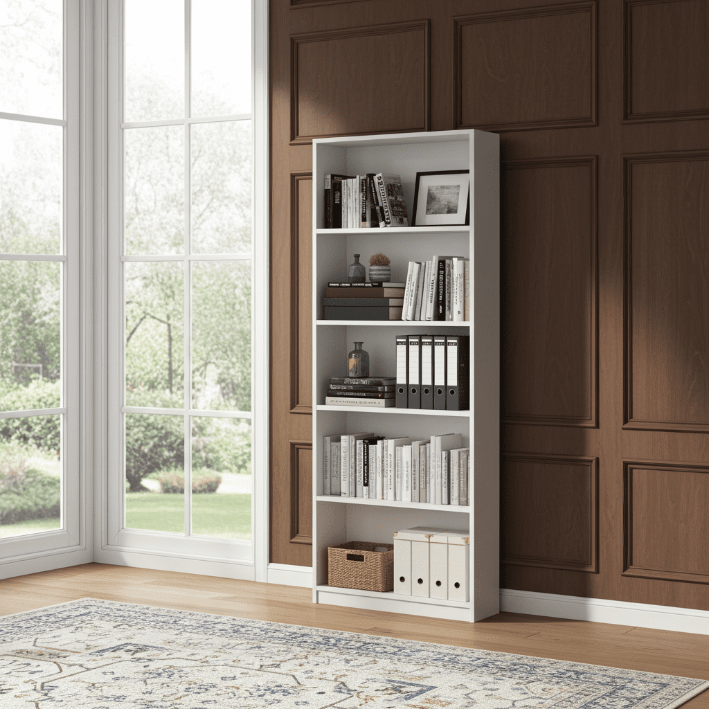 Amos Mann Furniture Cordoba large arctic white bookcase in a modern living room setting