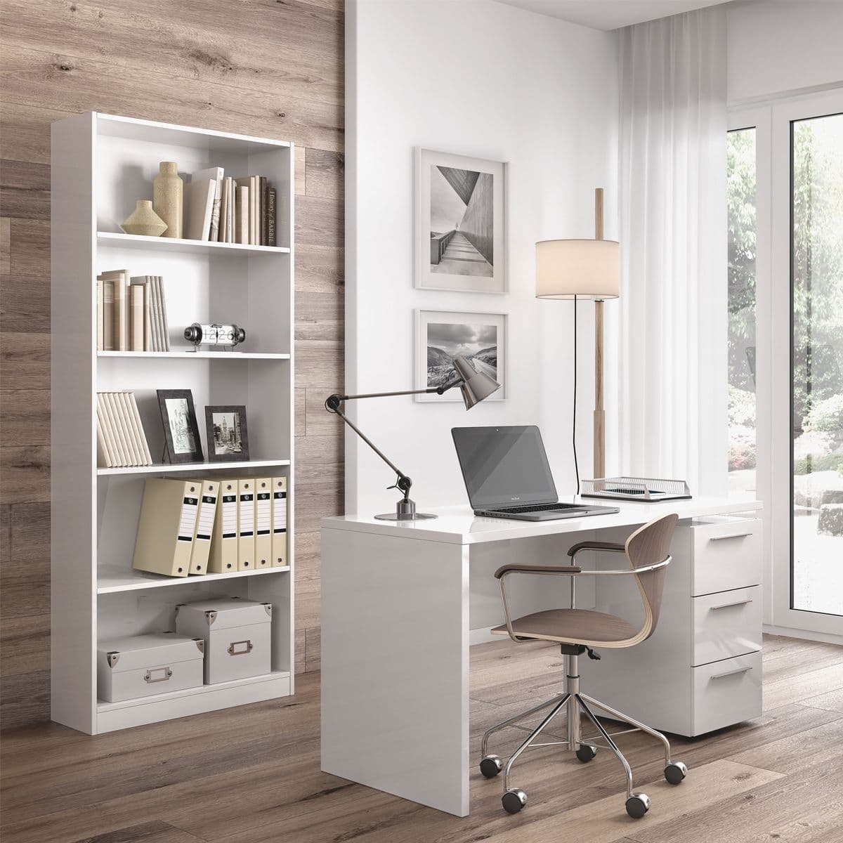 Amos Mann Furniture Cordoba large arctic white bookcase in a modern living room setting