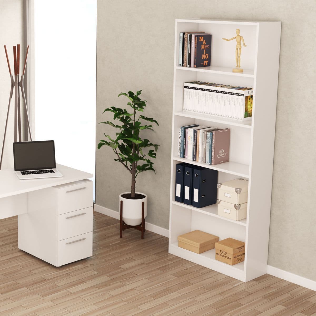 Amos Mann Furniture Cordoba large arctic white bookcase in a modern living room setting