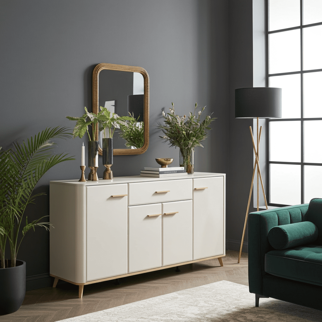 Lifestyle view of Amos Mann Furniture Darigon cashmere and oak effect sideboard in a stylish contemporary interior