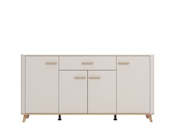 Lifestyle view of Amos Mann Furniture Darigon cashmere and oak effect sideboard in a stylish contemporary interior