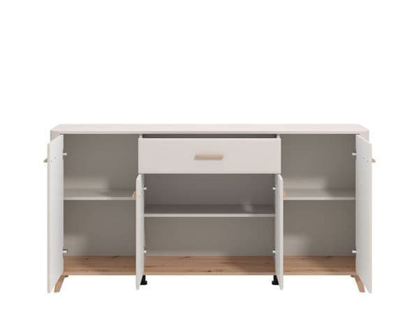 Lifestyle view of Amos Mann Furniture Darigon cashmere and oak effect sideboard in a stylish contemporary interior