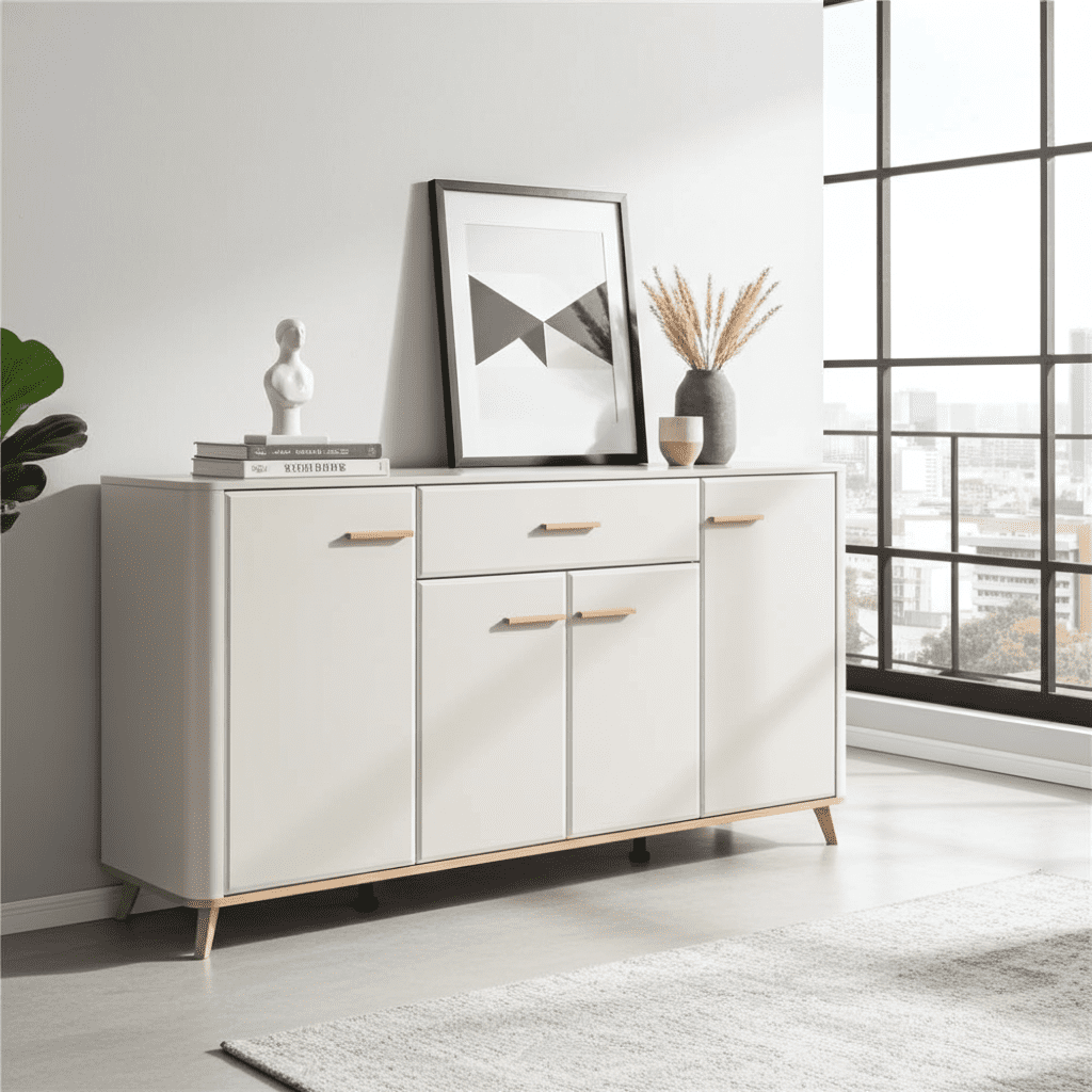 Lifestyle view of Amos Mann Furniture Darigon cashmere and oak effect sideboard in a stylish contemporary interior