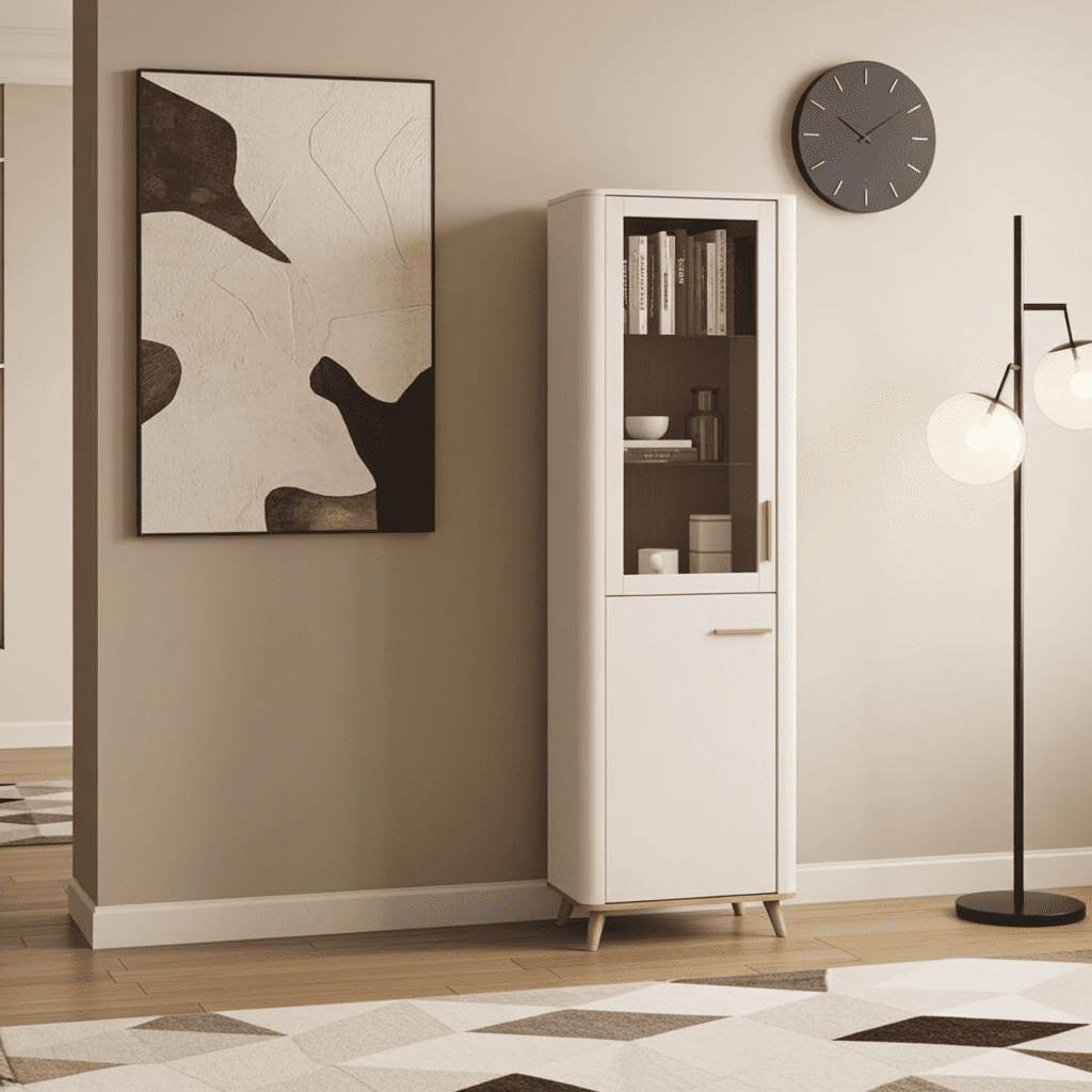 Amos Mann Furniture Darigon display cabinet with doors open showing the internal shelving