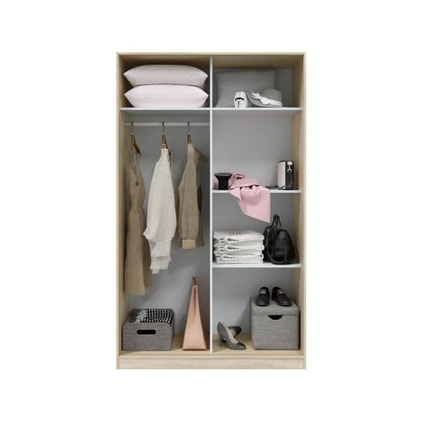 Chic arctic white and oak effect sliding wardrobe with 2 doors, hanging rail, and 5 internal compartments. Perfect for maximising space in smaller rooms.