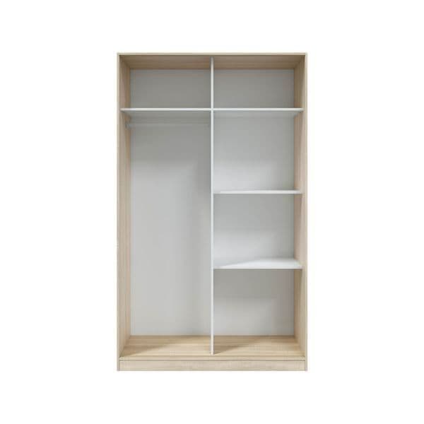 Chic arctic white and oak effect sliding wardrobe with 2 doors, hanging rail, and 5 internal compartments. Perfect for maximising space in smaller rooms.